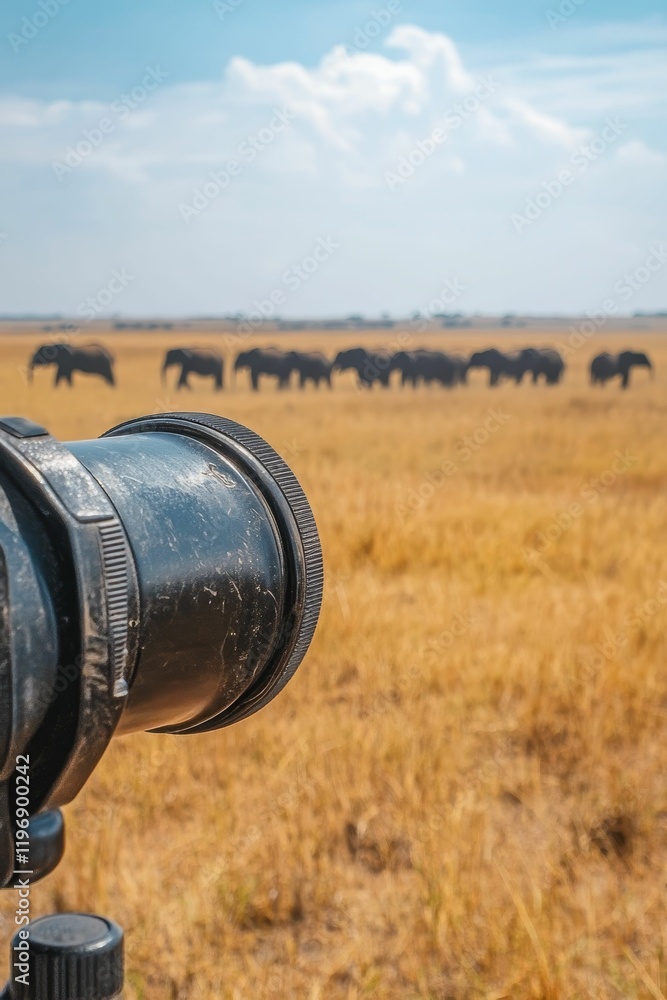 Camera lens focuses on distant herd of large mammals. Camera lens focuses on distant herd of large mammals.