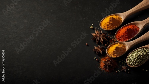 salt and pepper . Spices in spoons . This is a still life of four wooden spoons, each containing a different spice, set against a dark background.