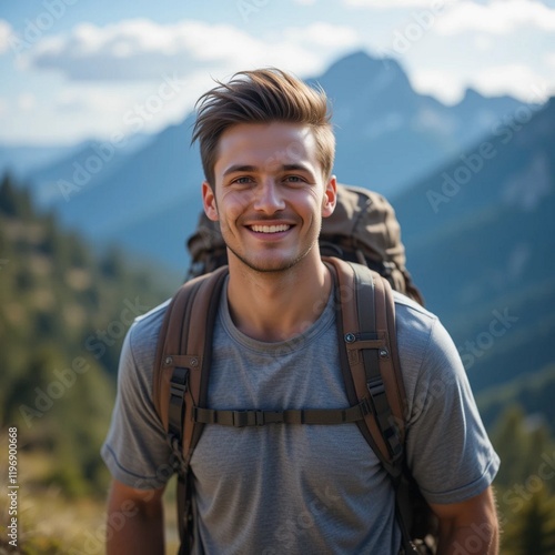 young man hiking in mountains
