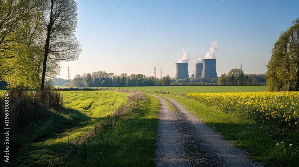 Fototapeta premium Rural Countryside Path, Spring Flowers, Power Plant Cooling Towers
