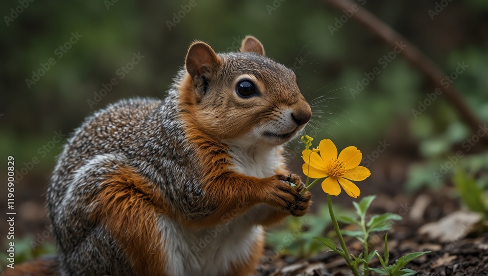 squirrel in the forest . Squirrel with flower . A close-up shot shows a squirrel holding a yellow flower. squirrel in the forest . Squirrel with flower . A close-up shot shows a squirrel holding a yellow flower.