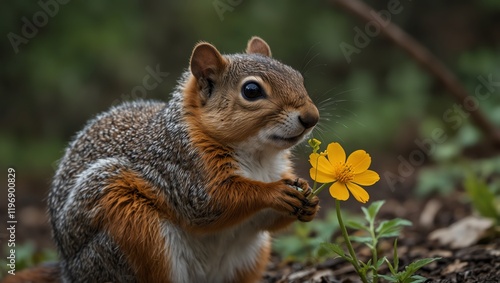 squirrel in the forest . Squirrel with flower . A close-up shot shows a squirrel holding a yellow flower.