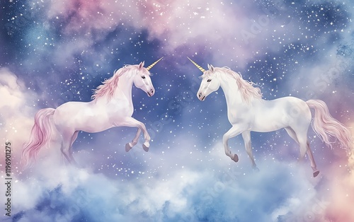 Two majestic white unicorns gracefully dance amidst a dreamy, pastel nebula.  A magical, enchanting scene perfect for fantasy art, children's themes, and whimsical designs. photo