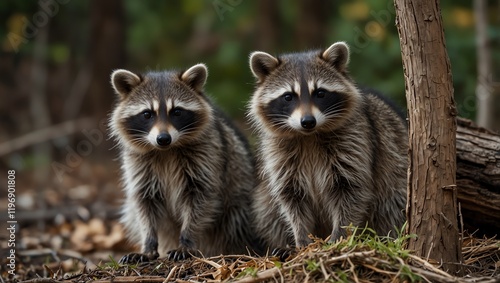 raccoon in the forest . Two raccoons sit side-by-side on forest floor, their masked faces look forward.