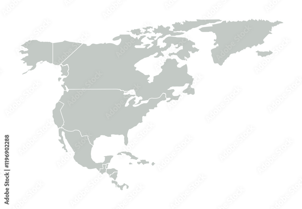 Obraz premium Vector outline of North America, Greenland and Gulf of Mexico. Gray map on white background.