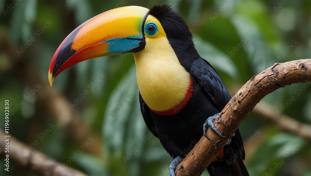 A close-up of a colourful toucan perched on a branch. The bird has a large, rainbow-hued beak, and dark feathers