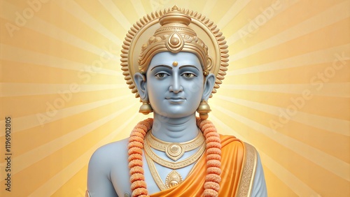 statue of Indian Lord Rama on yellow background. Happy Dussehra, Ram Navami holiday photo