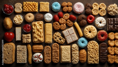 Box of chocolates . A grid of various baked goods, including cookies, crackers, and pastries, is displayed against a dark background.