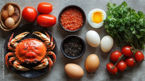 Fresh ingredients for Singaporean Chili Crab, rustic style, vibrant colors, culinary concept photo