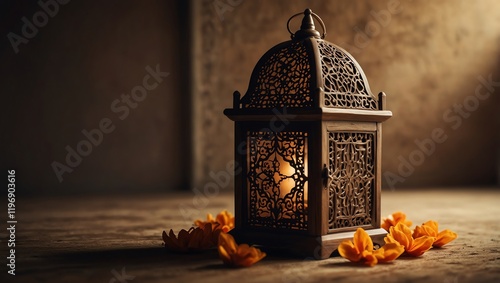 candles in the church , A decorative, ornate lantern sits on a wood floor, surrounded by orange petals. 
