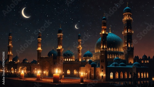 A night time view of a mosque lit by candles, with a crescent moon in the sky.