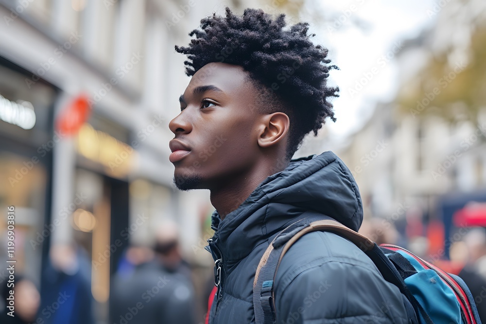 Fototapeta premium Young Black Man City Street Portrait Thoughtful Expression