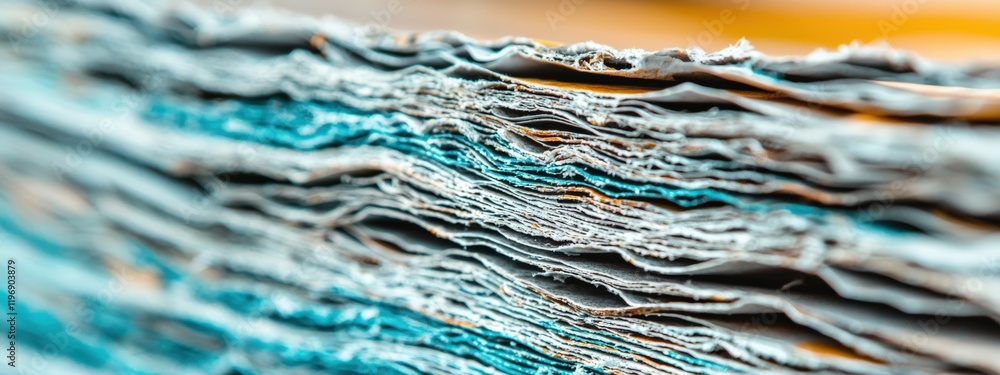 Close-Up of Textured and Worn Stack of Paper with Blue Edges and Natural Lighting in a Creative Workspace Close-Up of Textured and Worn Stack of Paper with Blue Edges and Natural Lighting in a Creative Workspace