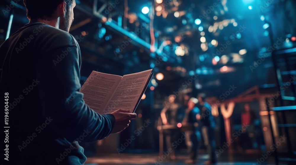 Fototapeta premium Theater Stage Manager Reads Play Script Backstage Lights
