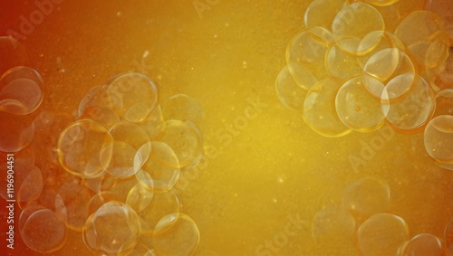 orange juice bubbles , Orange colour background , A close-up view shows clusters of transparent bubbles on an orange gradient background