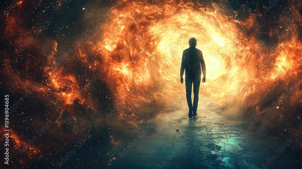 Journey into the Cosmic Nebula: A Solitary Figure Walks Towards a Fiery Celestial Portal Journey into the Cosmic Nebula: A Solitary Figure Walks Towards a Fiery Celestial Portal