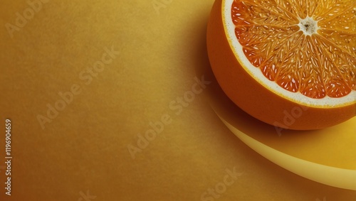 slice of orange , An orange slice sits on a yellow dish against a gold background.