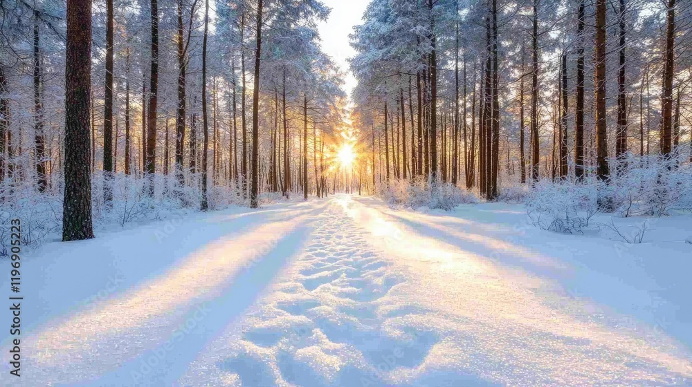 Sunlit winter forest path, snow-covered trees, tranquil scene, nature background for winter themes Sunlit winter forest path, snow-covered trees, tranquil scene, nature background for winter themes