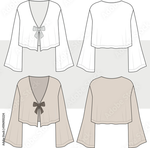 Women's Crochet Cardigan, bow blouse technical fashion illustration. Front, CAD, mock-up.