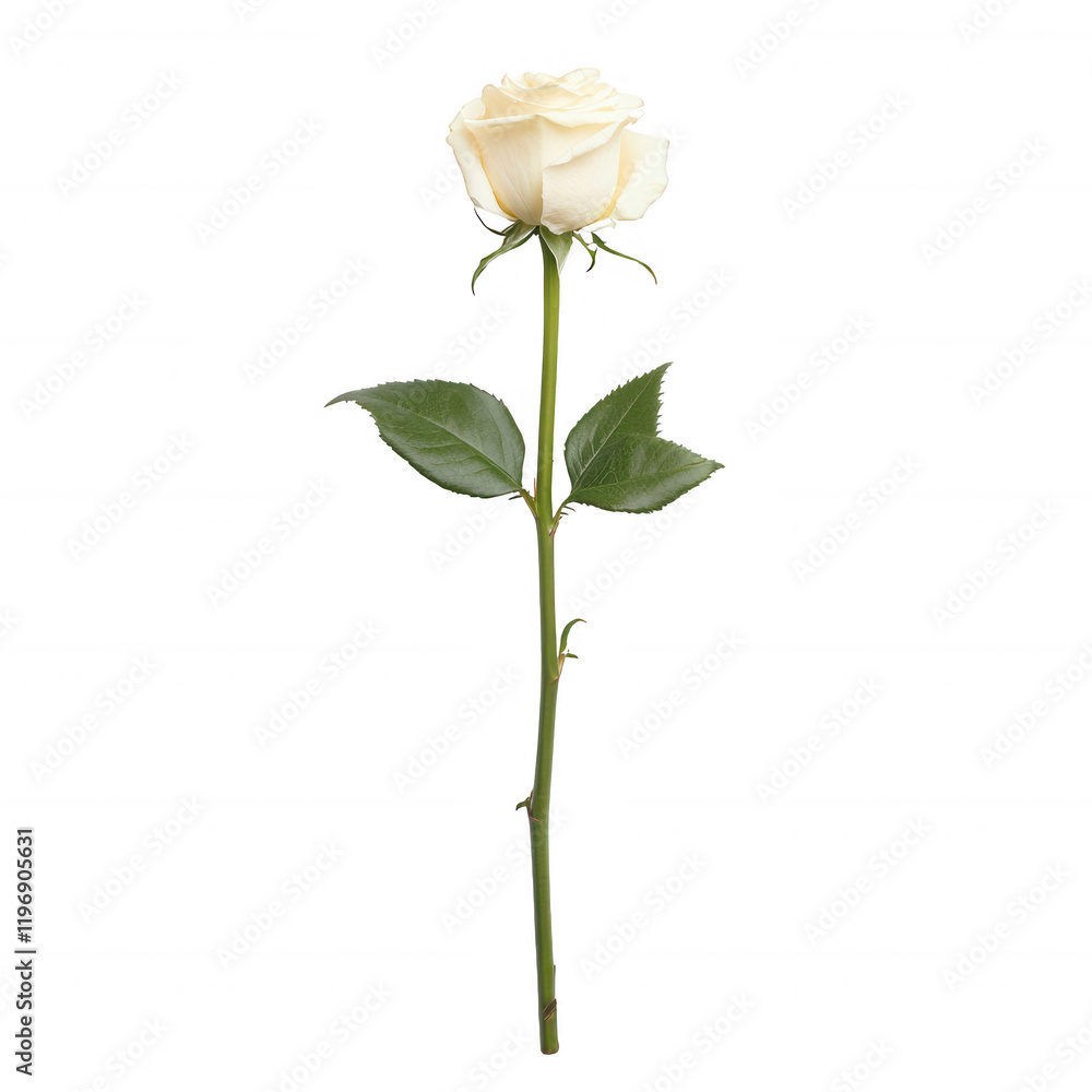 A single elegant white rose with green leaves on a slender stem., isolated on a transparent background. A single elegant white rose with green leaves on a slender stem., isolated on a transparent background.