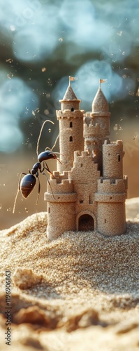 Ant approaching sandcastle on beach, blurry background photo