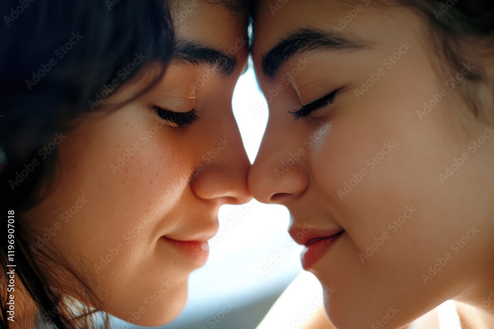 A close-up view of two women gently touching their noses together, a symbol of affection and intimacy A close-up view of two women gently touching their noses together, a symbol of affection and intimacy