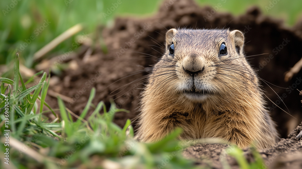 A groundhog wakes up after hibernation in its burrow.Groundhog Day. A groundhog wakes up after hibernation in its burrow.Groundhog Day.