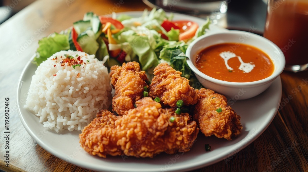 Crispy Fried Chicken Plate with Rice, Salad, and Spicy Sauce Crispy Fried Chicken Plate with Rice, Salad, and Spicy Sauce
