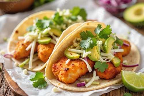 Crispy fish tacos loaded with fresh ingredients and garnished with cilantro, vibrant street food culinary experience.  Vegan, organic and healthy eating concept.