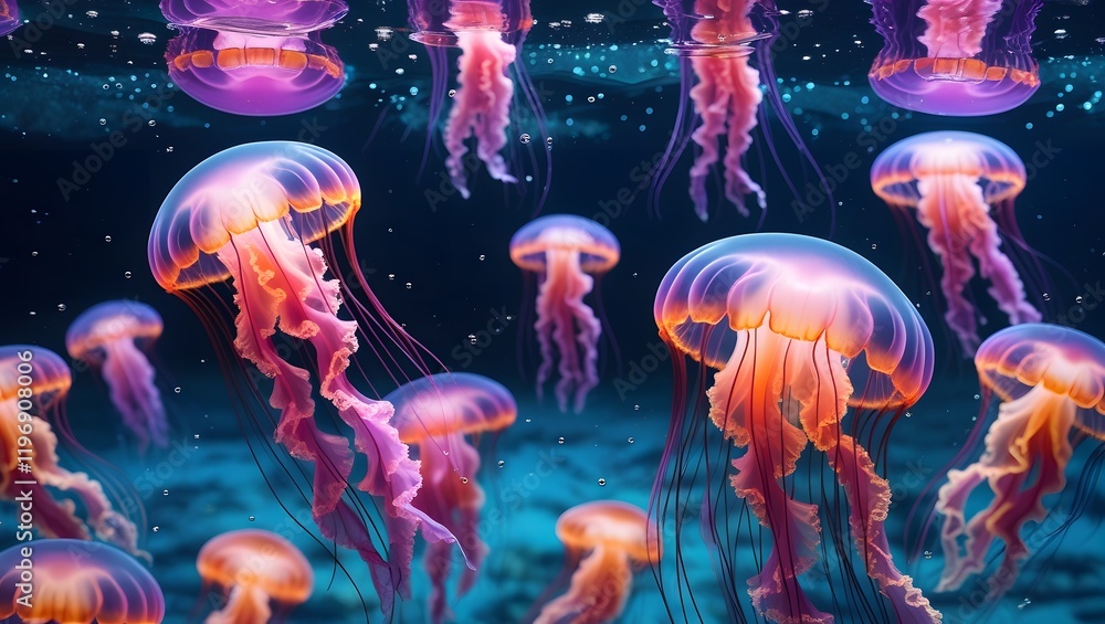 Obraz premium Vibrant Pink Orange Jellyfish Underwater Scene Deep Ocean Background