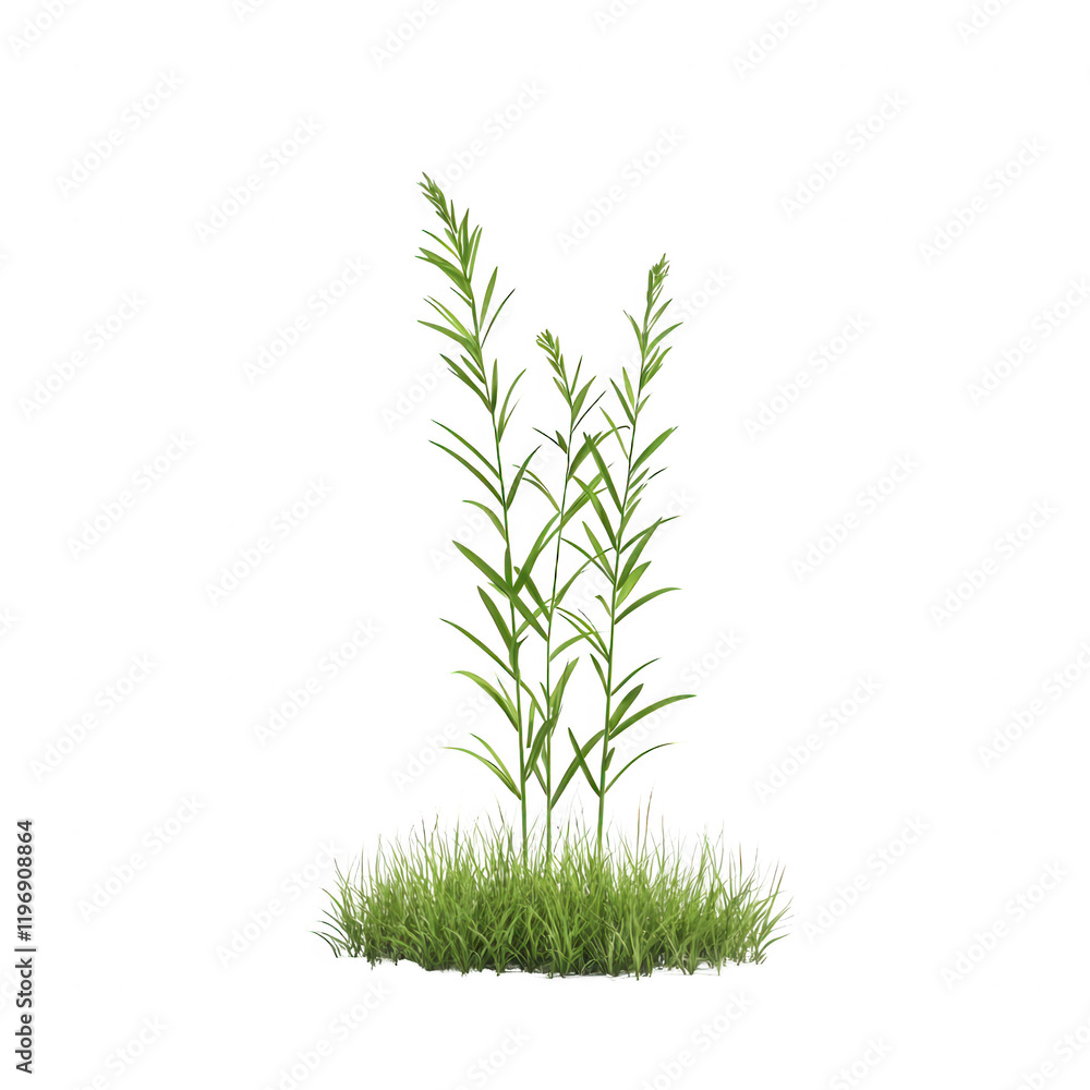 Fototapeta premium A vibrant green plant growing lushly in a small patch of grass., isolated on a transparent background.