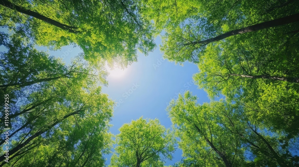 Fototapeta premium Green leaves dance gently in the breeze as sunlight filters through the treetops, creating a serene forest atmosphere