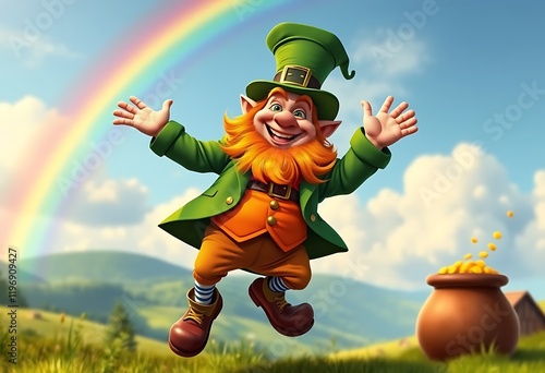 Joyful Leprechaun Rainbow Gold Pot Landscape Illustration photo