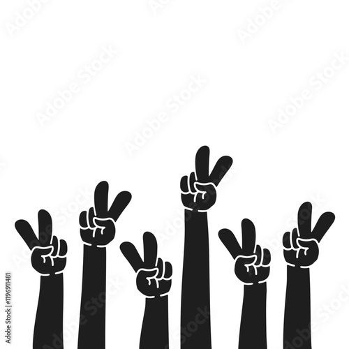 Hands raised with two fingers of peace. Peace sign illustration. Raised hand wave illustration.