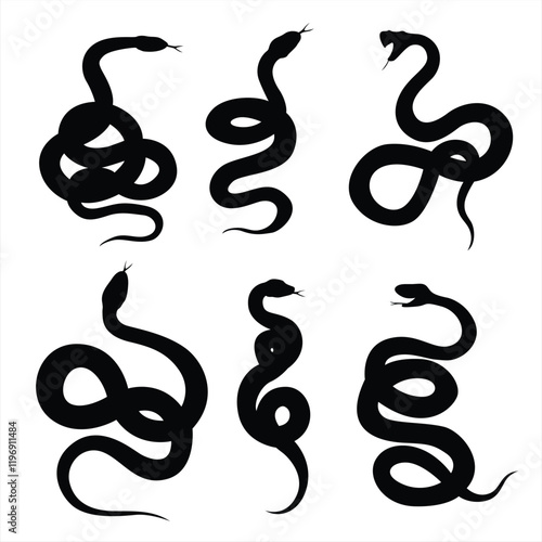 Snake silhouette set. Isolated snake silhouette on white background. Collection of Different Snake Poses, Perfect for Logo, Design. Chinese snake zodiac. China lunar calendar animal happy new year.