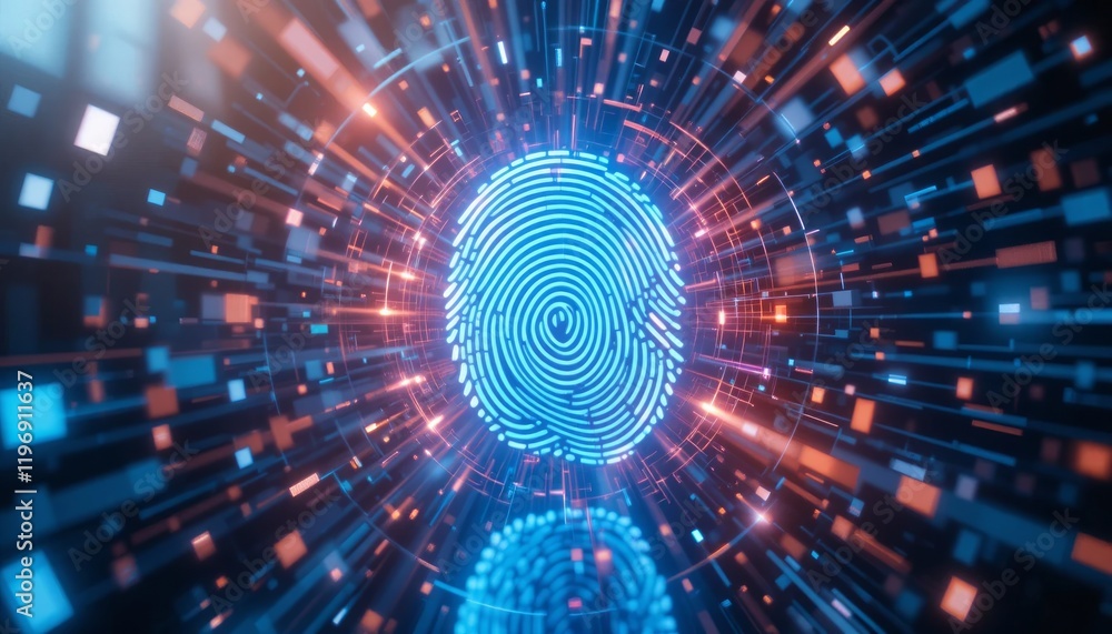Fototapeta premium Digital Fingerprint: A Journey Through Cyber Security and Biometric Authentication in a Neon Tunnel