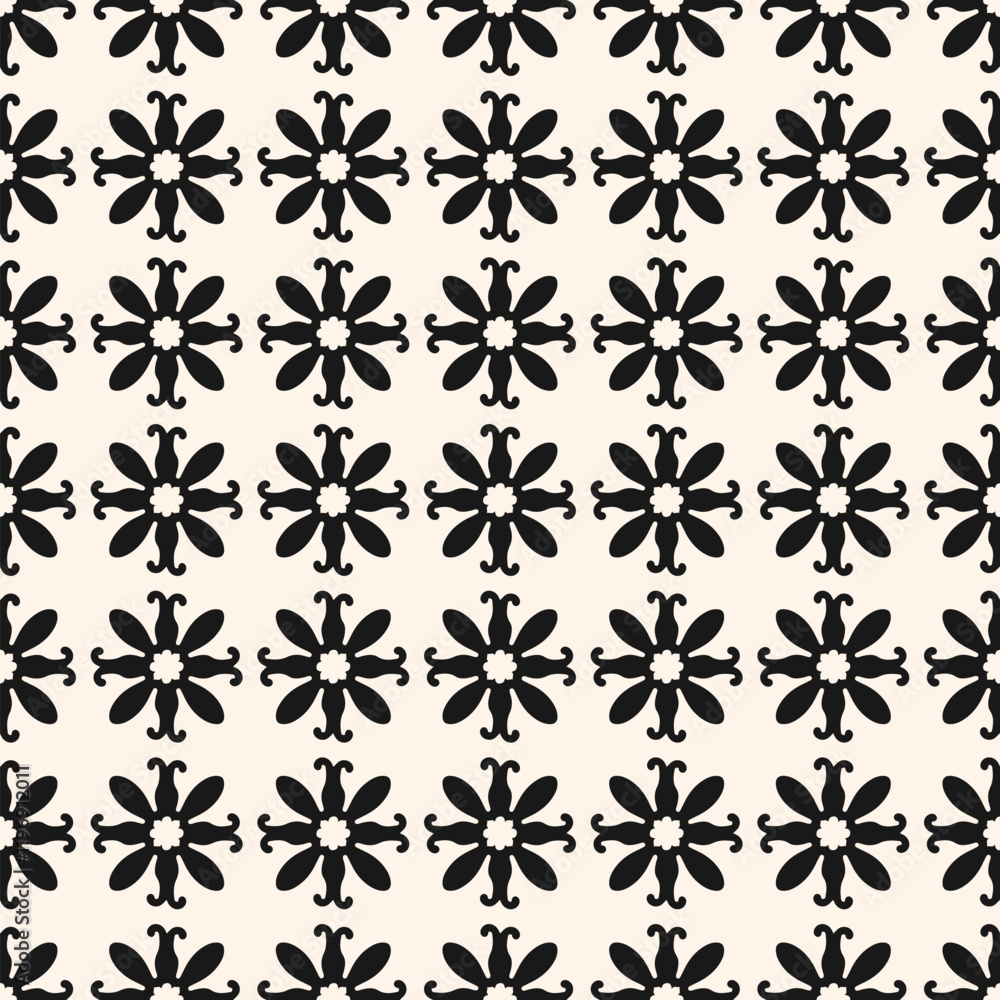 Simple vector floral seamless pattern with ethnic folk motifs. Abstract monochrome geometric ornament texture with stylized flowers, repeat tiles. Black and white background. Repeating geo design Simple vector floral seamless pattern with ethnic folk motifs. Abstract monochrome geometric ornament texture with stylized flowers, repeat tiles. Black and white background. Repeating geo design