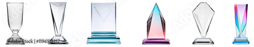Crystal glass trophy png cut out element set, transparent background