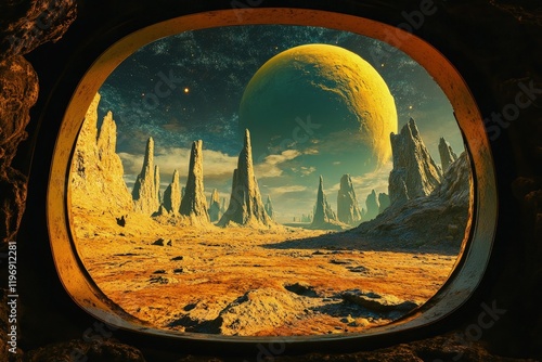 a window view of an alien landscape with mountains and a moon photo