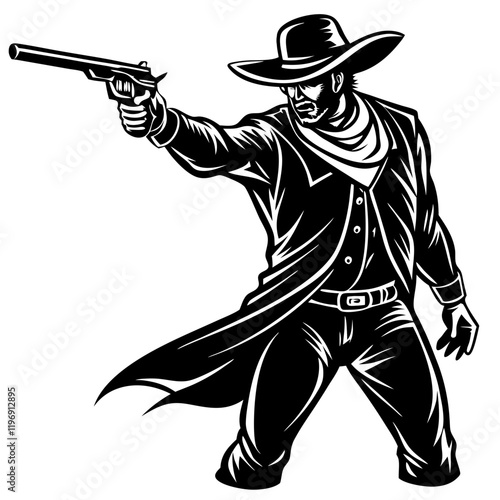 The Wild West Showdown: A rugged cowboy,  silhouette against a dramatic backdrop,  stands  with steely gaze.