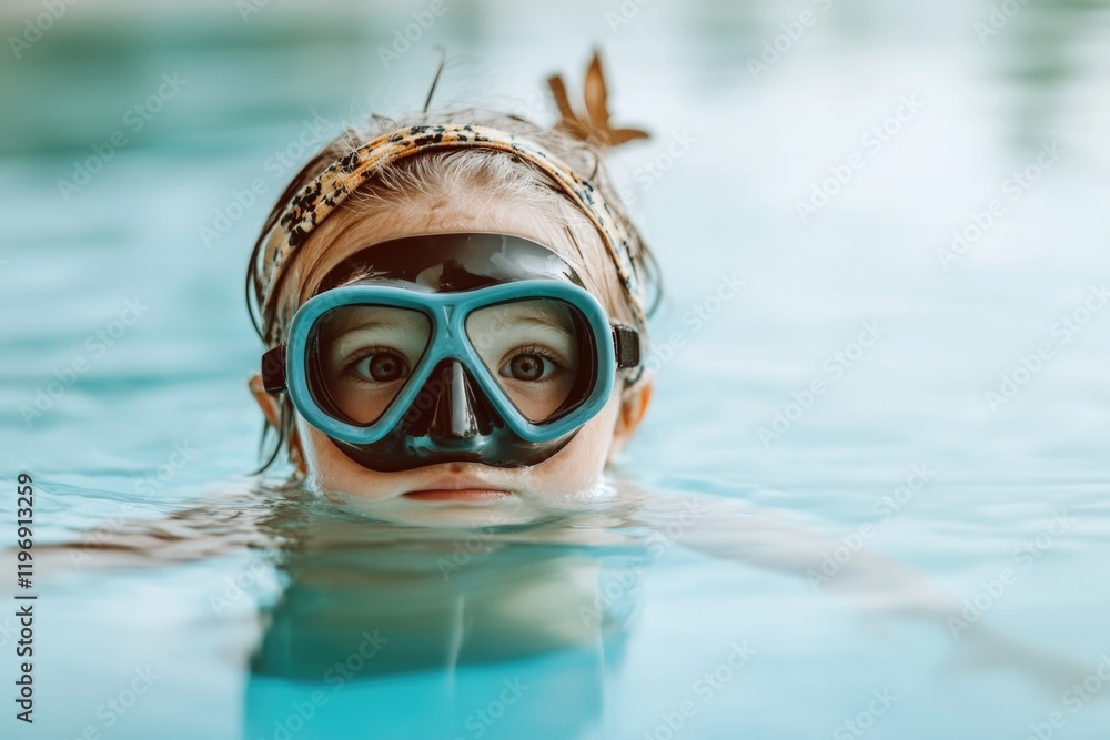 Naklejka premium A young girl wearing a diving mask in a swimming pool