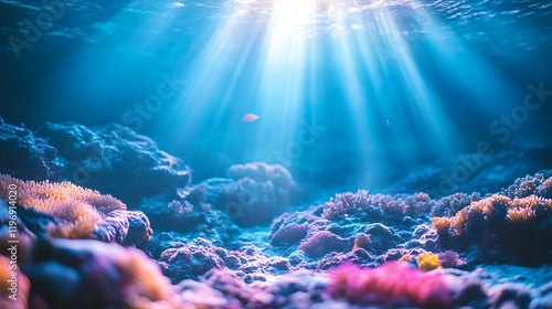 Underwater Scene Showing Vibrant Coral Reef And Sunbeams photo