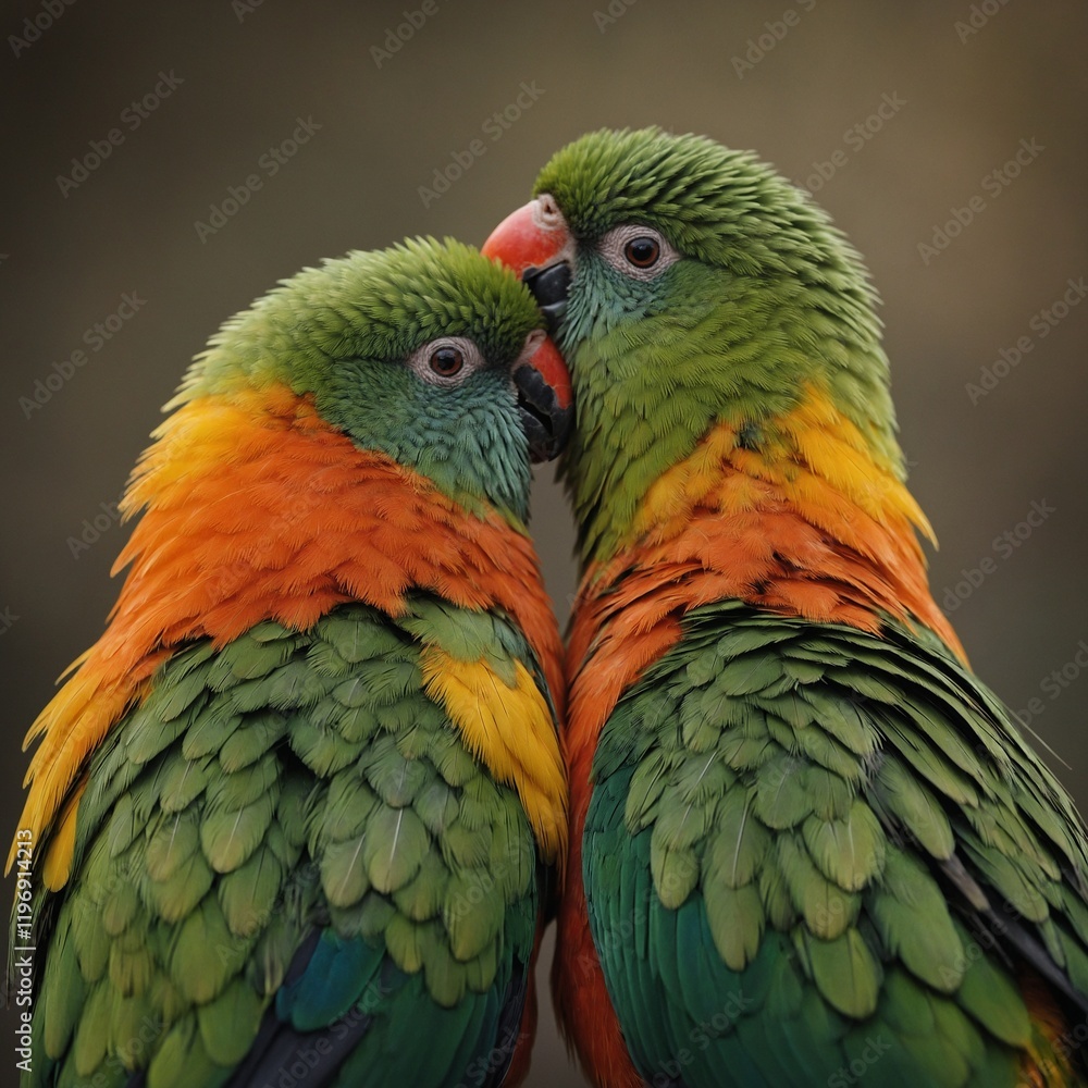 Fototapeta premium A pair of lovebirds with green, yellow, and orange feathers cuddled together.