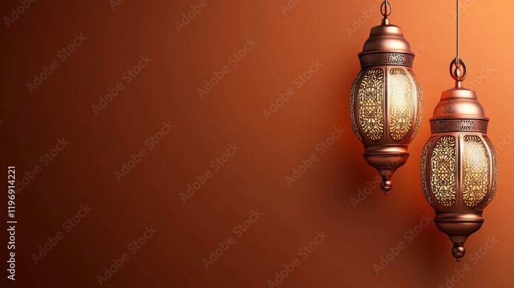 Elegant hanging lanterns casting warm light on an orange background Elegant hanging lanterns casting warm light on an orange background