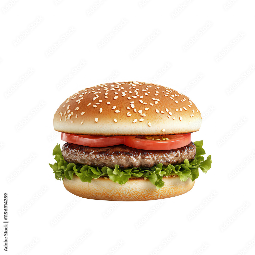 Delicious hamburger with sesame seed bun, lettuce, tomato, and juicy beef patty., isolated on a transparent background. Delicious hamburger with sesame seed bun, lettuce, tomato, and juicy beef patty., isolated on a transparent background.