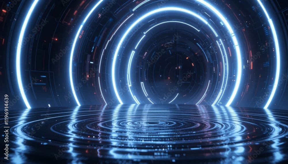 Futuristic Neon Rings Reflecting on a Dark Reflective Surface: A Digital Art Sci-Fi Scene Futuristic Neon Rings Reflecting on a Dark Reflective Surface: A Digital Art Sci-Fi Scene
