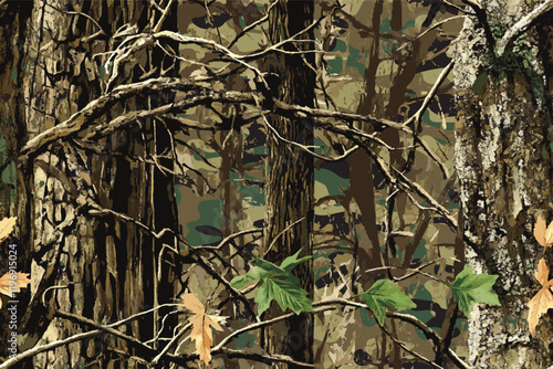 Seamless Camouflage Pattern with Real Tree Forest Details for Military Uniforms