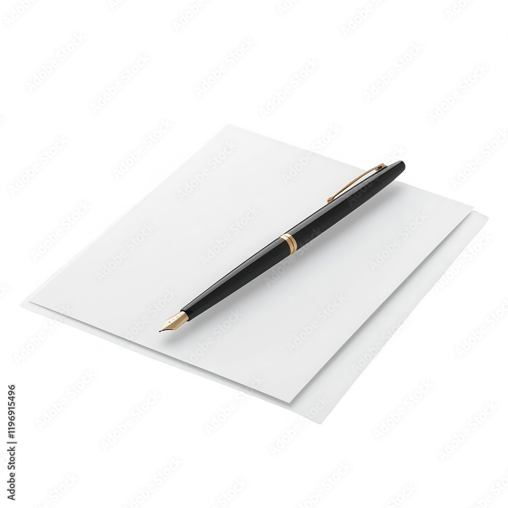 Elegant pen resting on blank stationery for professional writing and correspondence., isolated on a transparent background. Elegant pen resting on blank stationery for professional writing and correspondence., isolated on a transparent background.