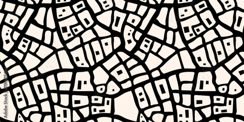 Abstract vector city map seamless pattern. Simple black and white street map of town background. Urban geometric texture with districts, roads and buildings. Travel concept illustration. Repeat design