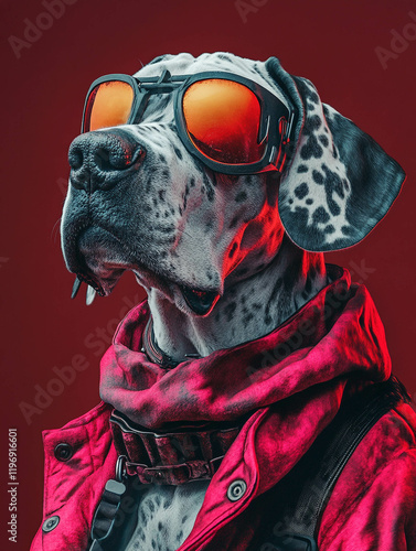 A stylish Dalmatian dog wearing sunglasses and a red scarf, posing confidently against a red background. The dog's expression is cool and relaxed, showcasing its fashionable attire.